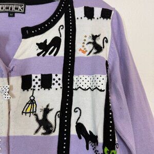Vintage Cat Cardigan Sweater Purple Black Embroidered Medium